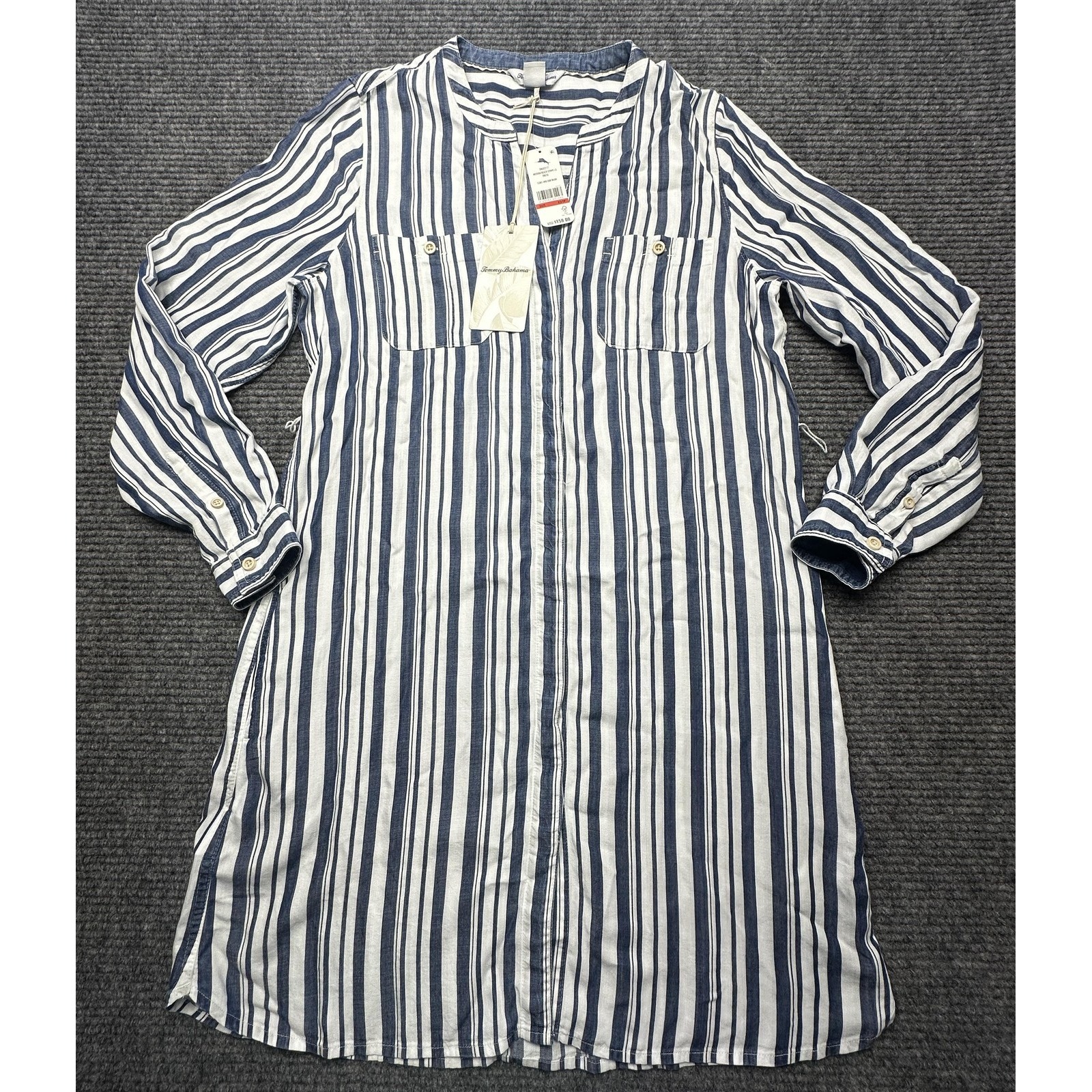 Tommy Bahama Dress Womens Xs Blue White Stripe Shirt Long Sleeve Tencel Pockets